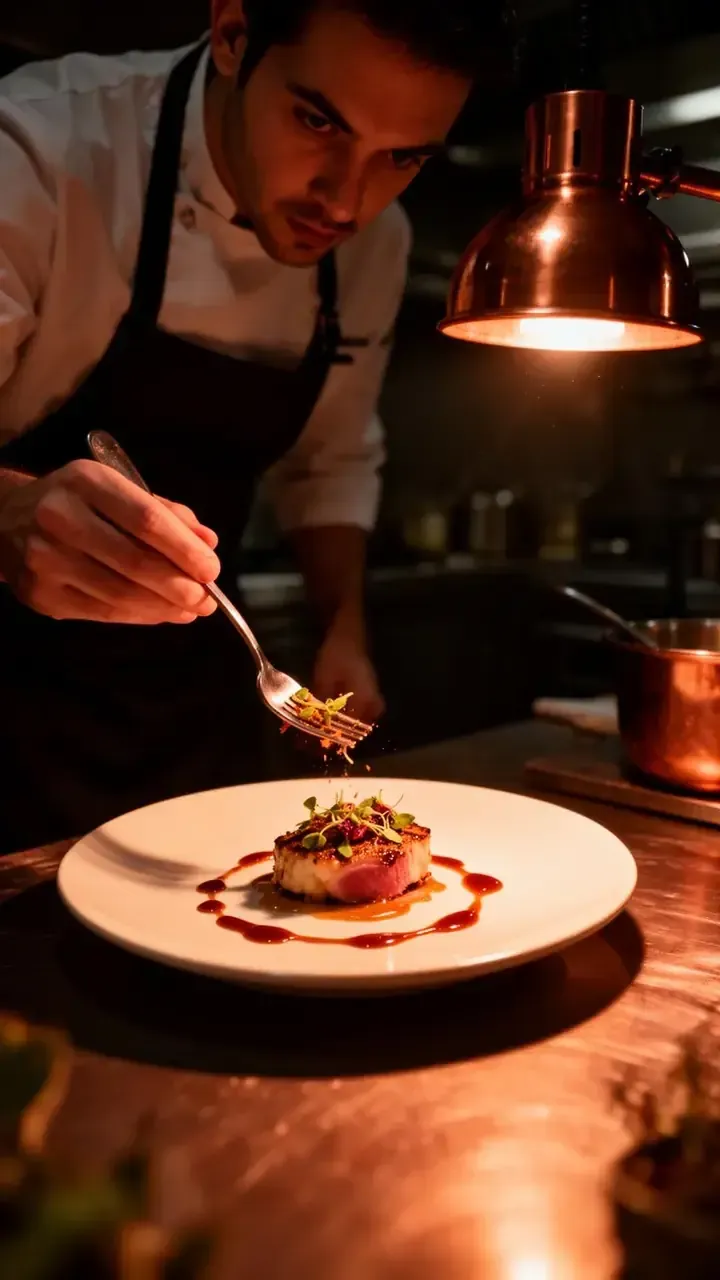 Chef plating in studio kitchen