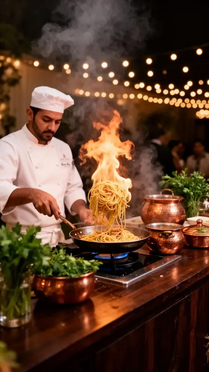 Live Counters — Live pasta tossed in a flaming pan, table-side.