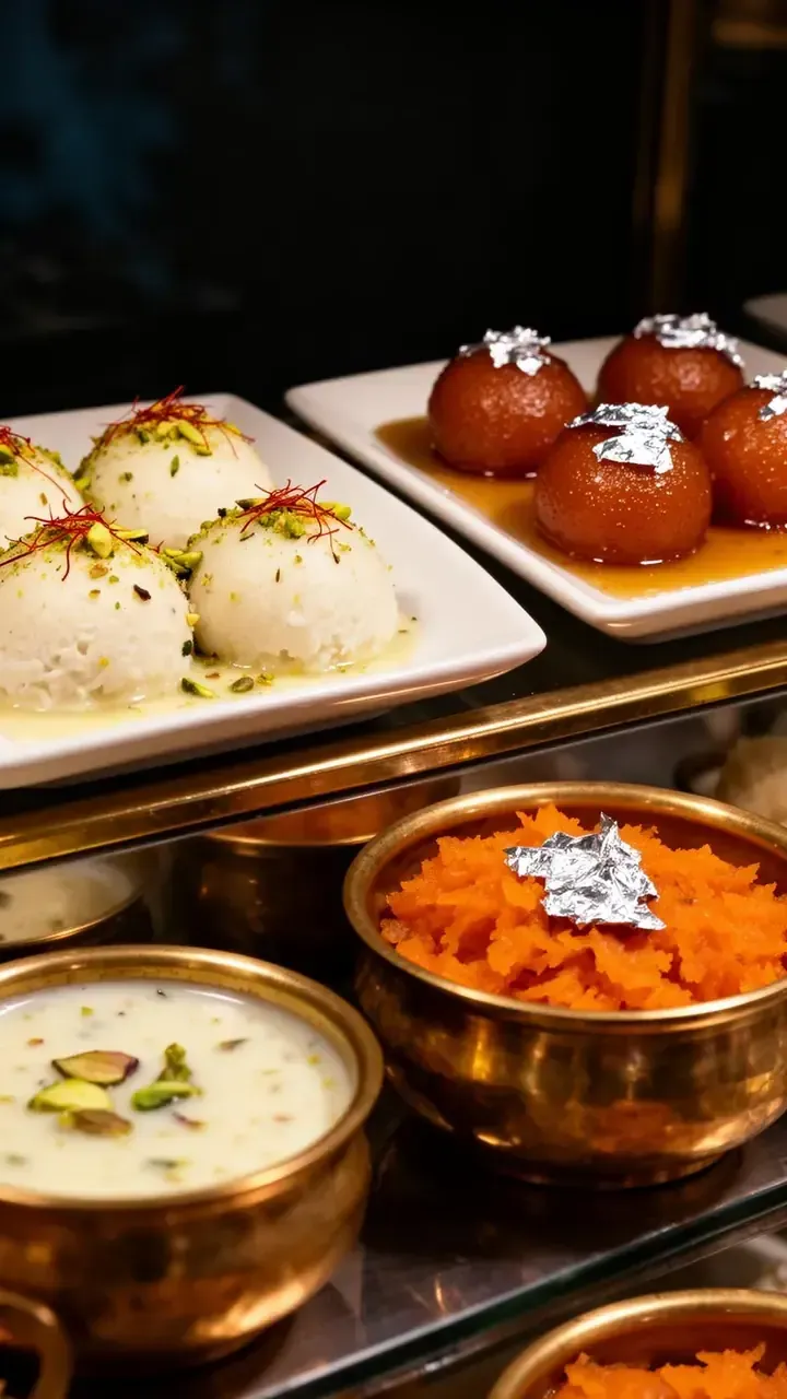 Mithai & Sweet Counter — Kesariya rasmalai, dusted with saffron and pistachio.