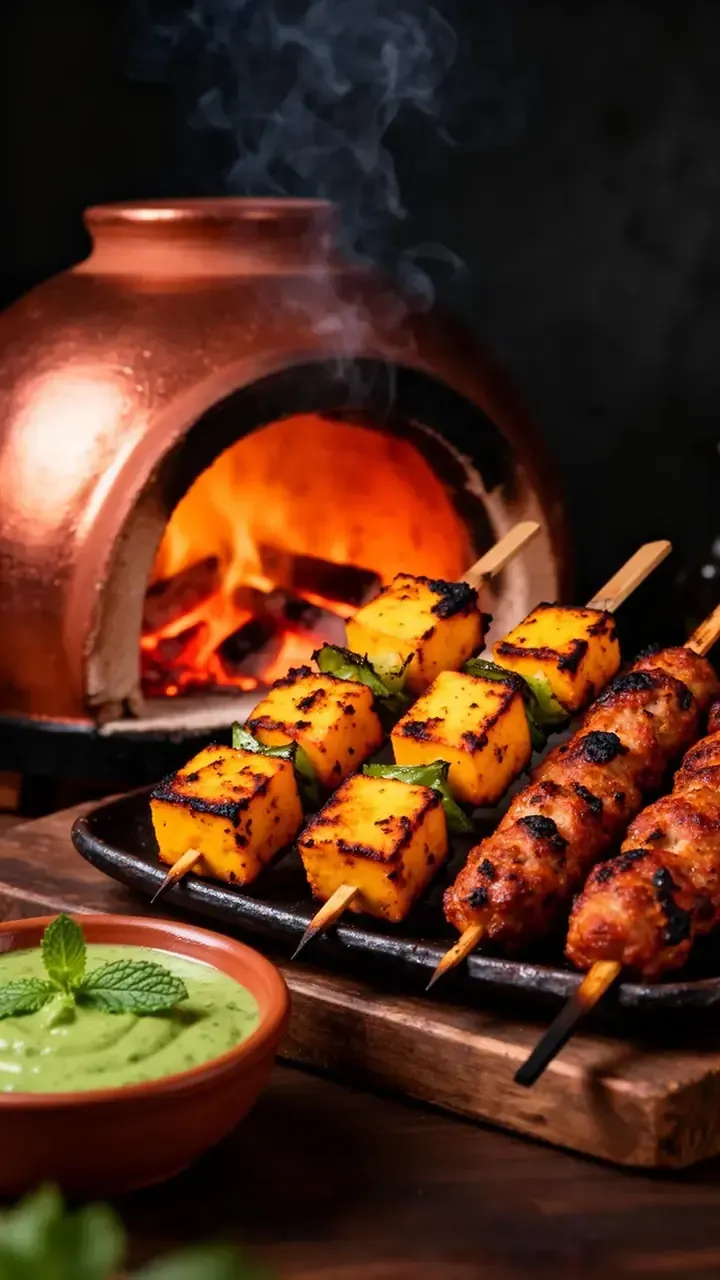 Tandoor & Kebabs — Paneer tikka makhmali, charred in clay.